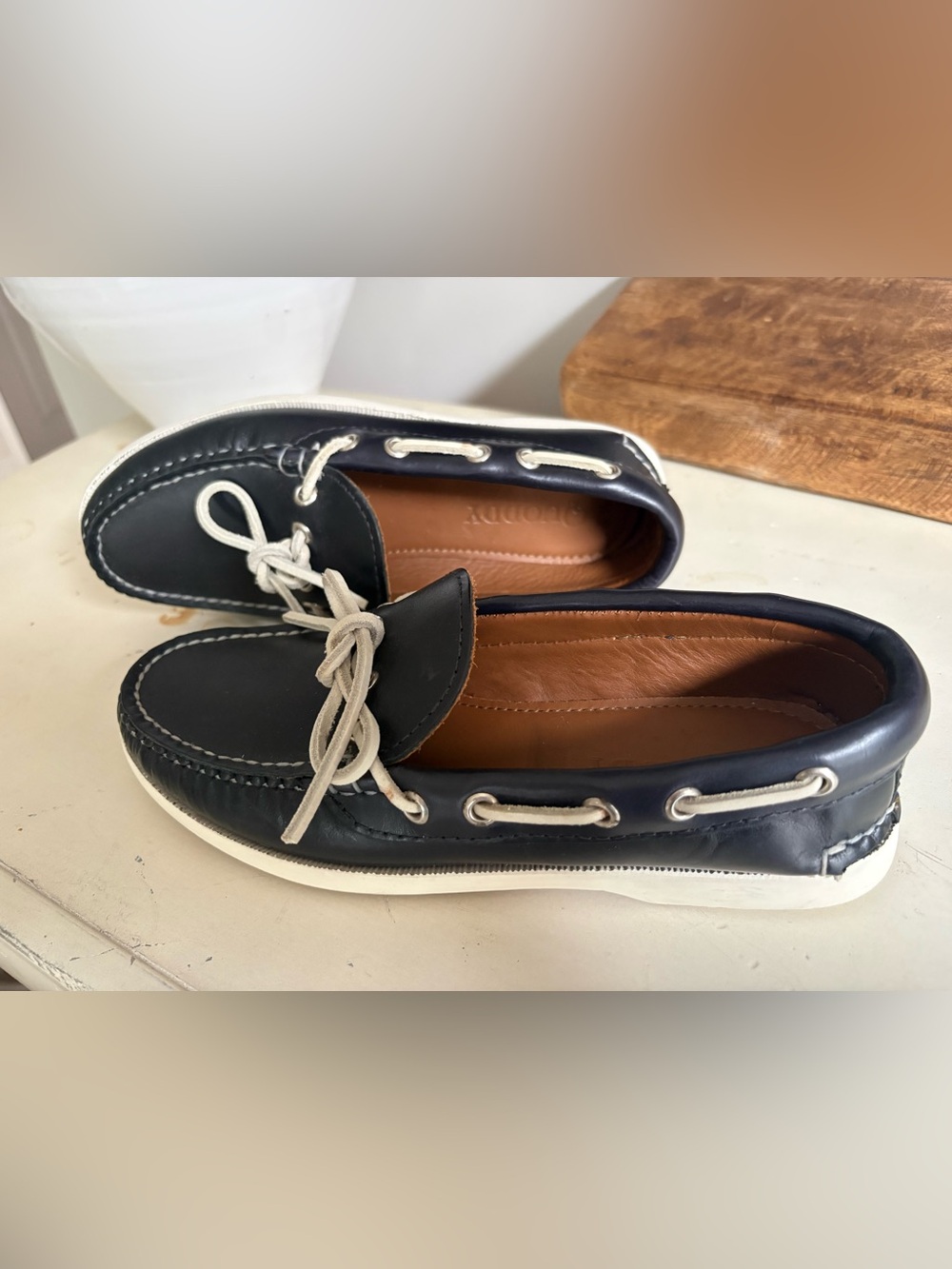 Quoddy Navy Leather Women's Boat Loafers with White Laces